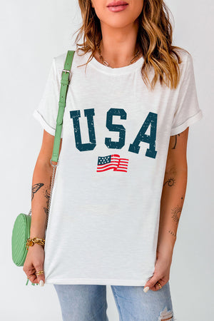 White graphic t-shirt with distressed navy USA text and American flag graphic.