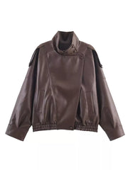 Zip-up Faux Leather Moto Jacket in Brown, view 14