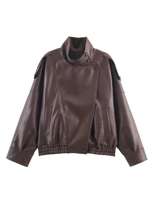 Zip-up Faux Leather Moto Jacket in Brown, view 14