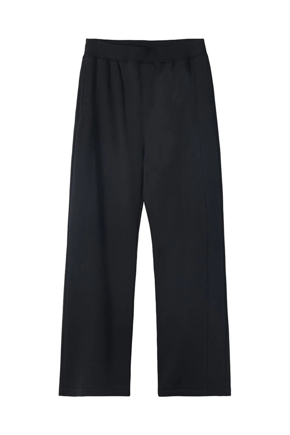 Black seamed lounge trousers with a wide leg and elastic waistband.