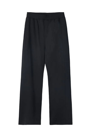 Black seamed lounge trousers with a wide leg and elastic waistband.