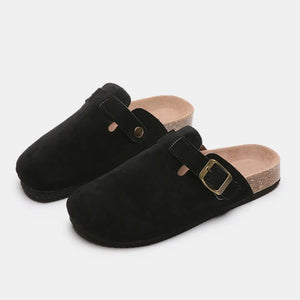 Black suede clog slides with adjustable buckle and cork sole