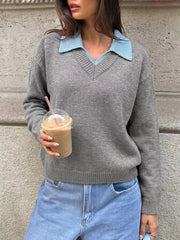 Contrast Collar Dropped Shoulder Sweater in Gray, front view