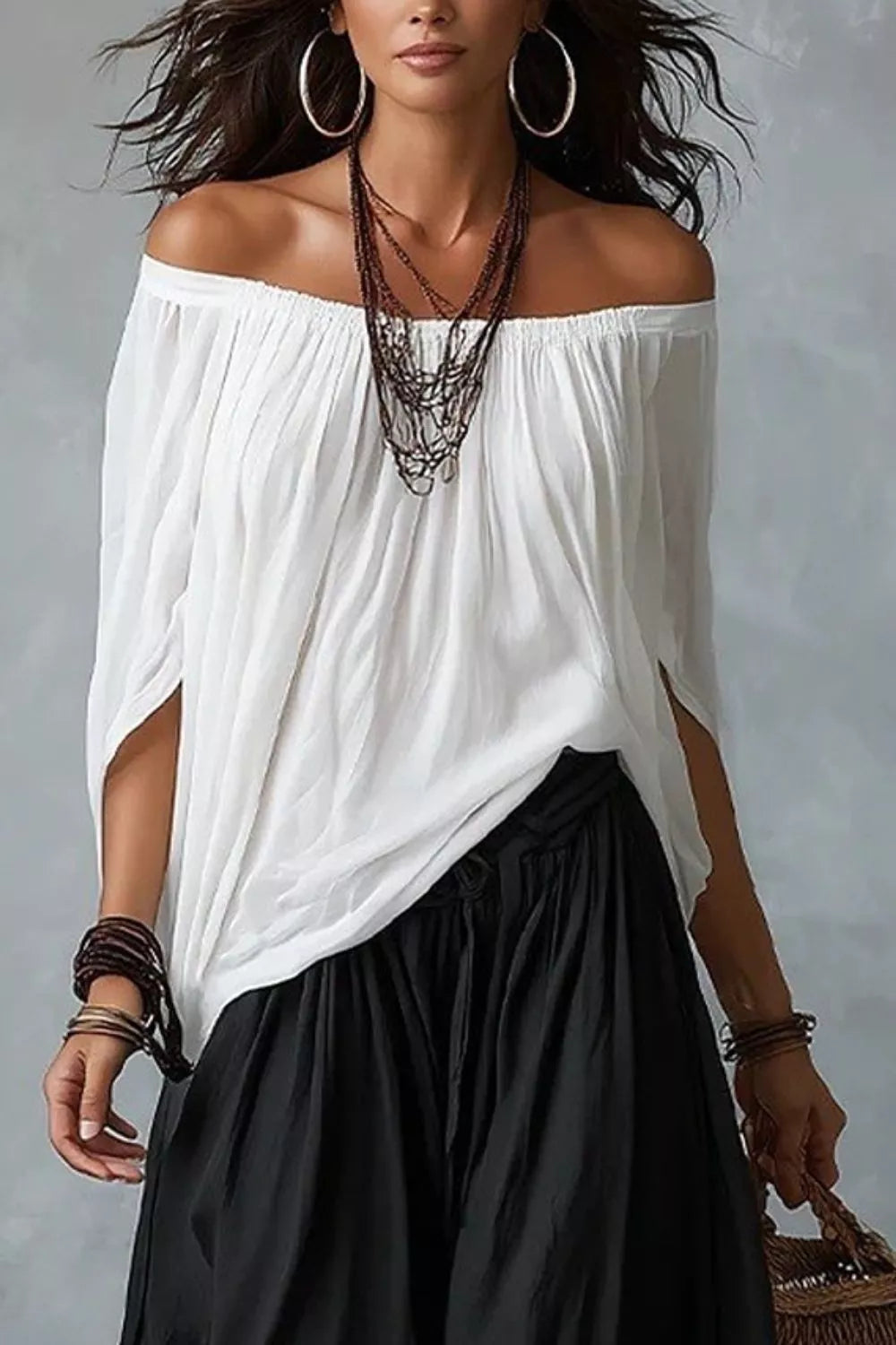 Off-shoulder Top And Wide-leg Pants Set Plus Size in Gray, back view
