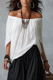 Off-shoulder Top And Wide-leg Pants Set Plus Size in Gray, back view