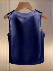 Dark blue satin tank top with pearl embellishments and a round neckline.