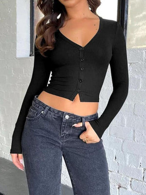 Black ribbed V-neck crop top with button detail and long sleeves.