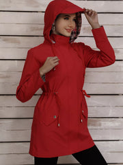 Red drawstring trench coat with hood and plaid lining, featuring snap pockets.
