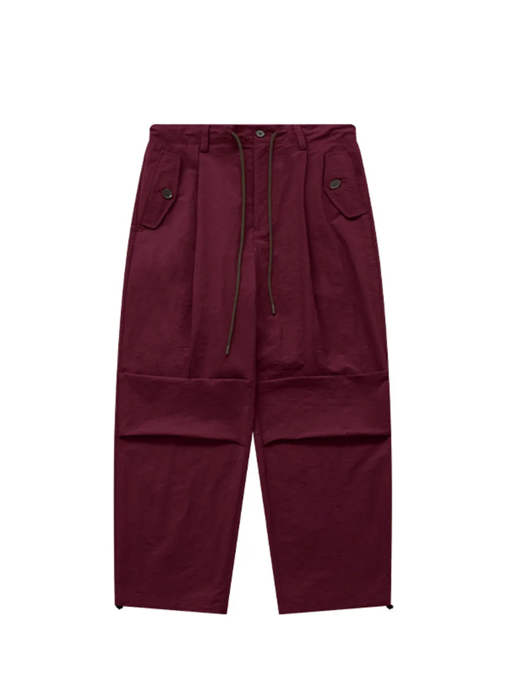 Wine red cargo joggers with drawstring waist and button flap pockets
