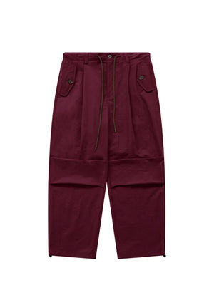 Wine red cargo joggers with drawstring waist and button flap pockets