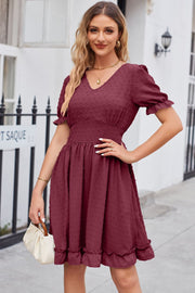 Burgundy textured dot puff sleeve fit-and-flare dress with ruffled hem