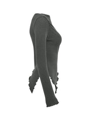 Dark gray ribbed knit asymmetrical top with lettuce hem detail.