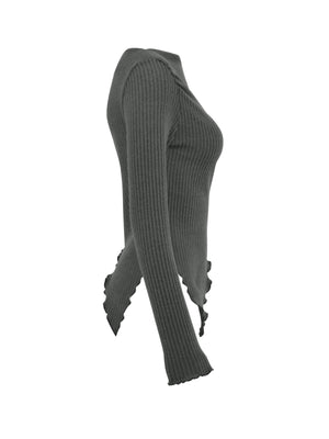 Dark gray ribbed knit asymmetrical top with lettuce hem detail.