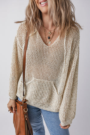 Beige open-knit V-neck hoodie pullover with drawstring and front pocket.