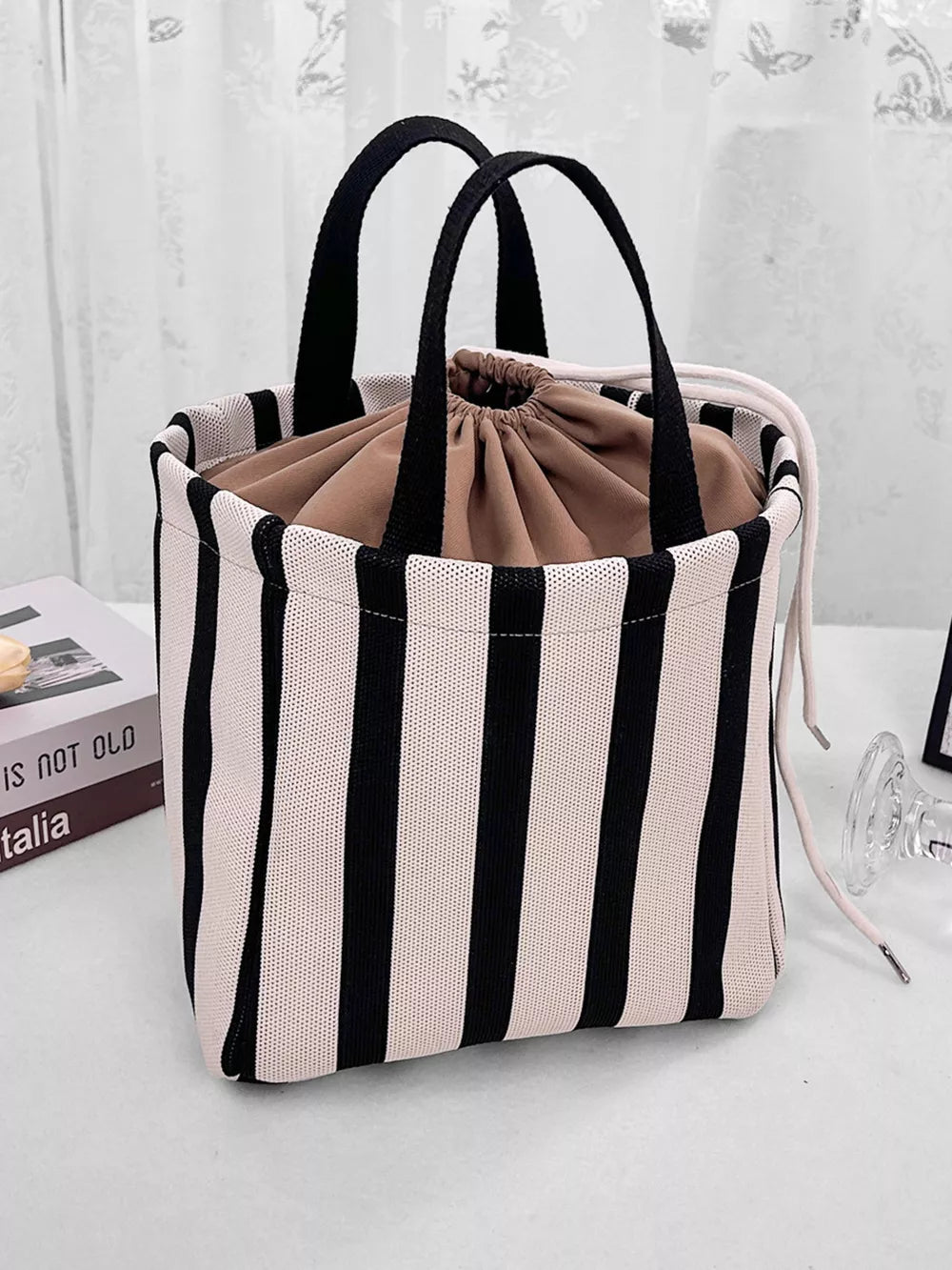 Striped Drawstring Medium Handbag, side view