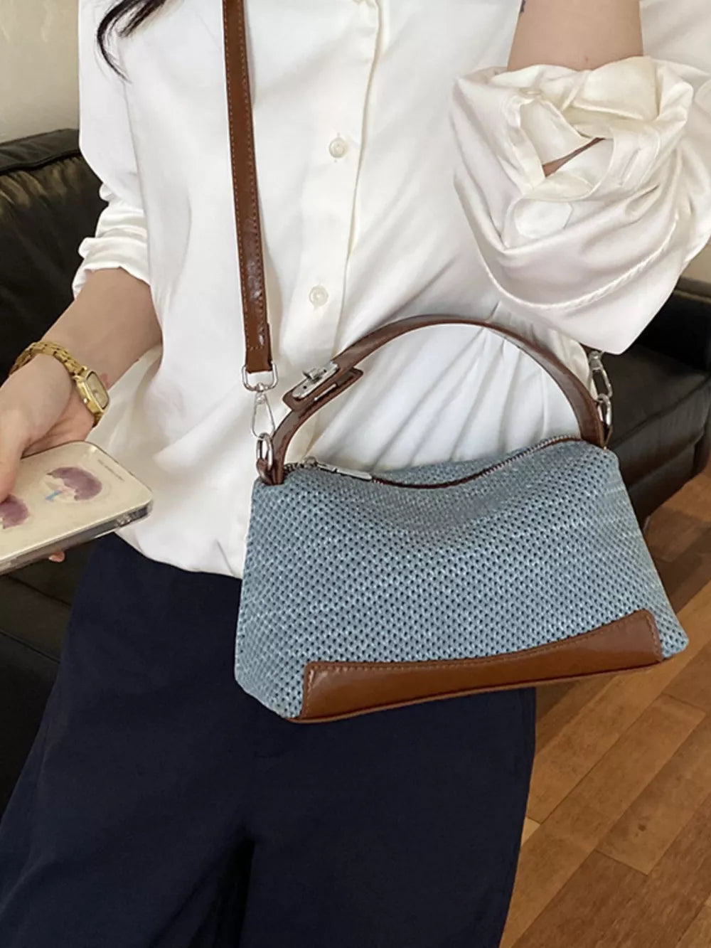 Woven Texture Crossbody Bag in Blue, front view