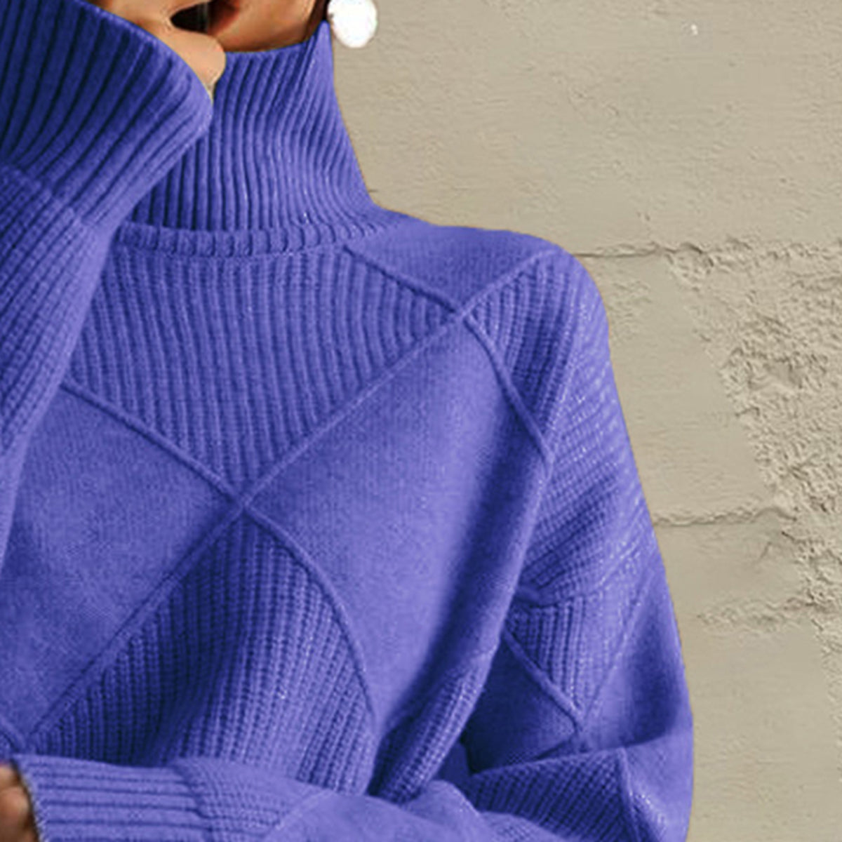 Deep Purple turtleneck sweater with diamond knit texture and ribbed cuffs.