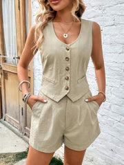 Khaki cotton vest and pleated shorts set with button detail