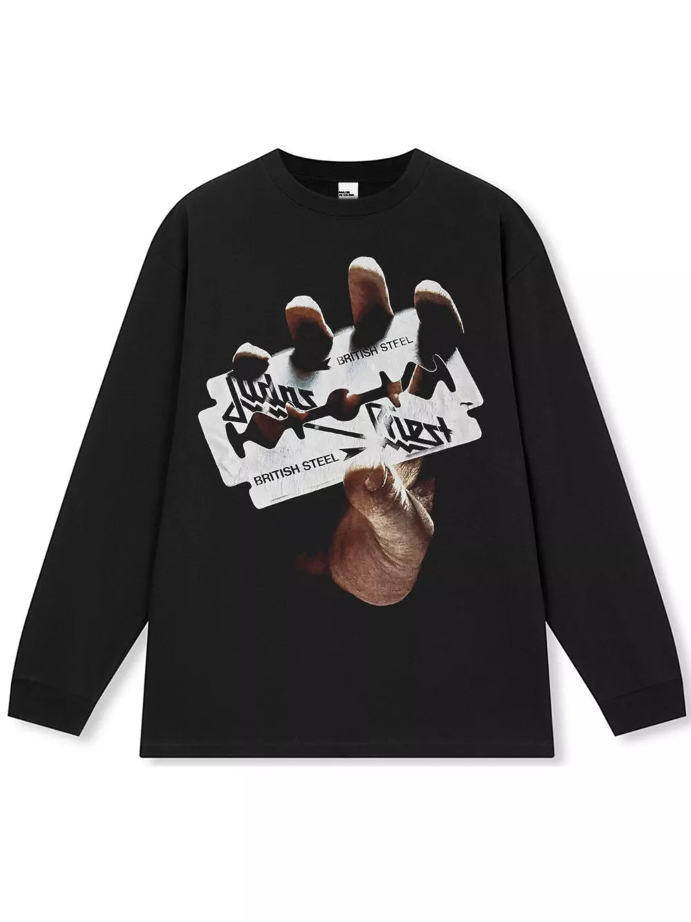Black long sleeve tee with a graphic of a hand holding a razor blade with British Steel text.