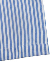Blue and white striped cotton romper with smocked waist detail