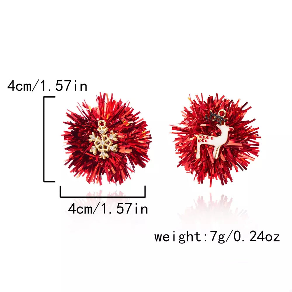 Red tinsel ball earrings with snowflake and reindeer charms, 18k gold accents.