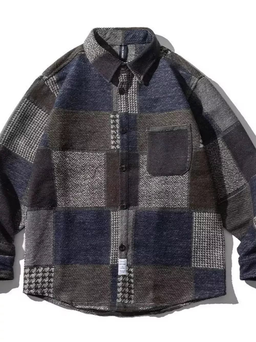 Men's Plus Size Plaid Patchwork Button Up Shacket in Blue, side view
