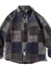 Men's Plus Size Plaid Patchwork Button Up Shacket in Blue, side view