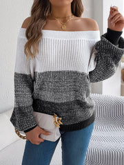 Off-shoulder knit sweater with colorblock pattern, balloon sleeves, and ribbed cuffs.