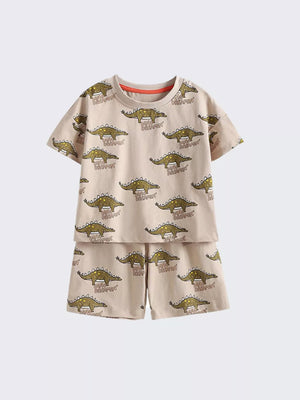 Toddler cotton two-piece set with allover dinosaur print and orange trim.