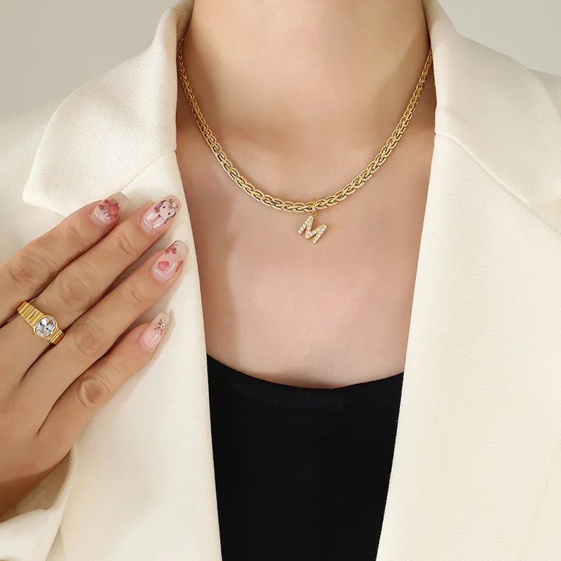 Gold-plated chain necklace with pavé initial charm M, brass, casual style