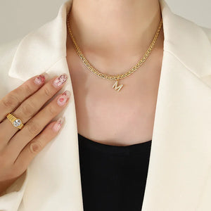 Gold-plated chain necklace with pavé initial charm M, brass, casual style
