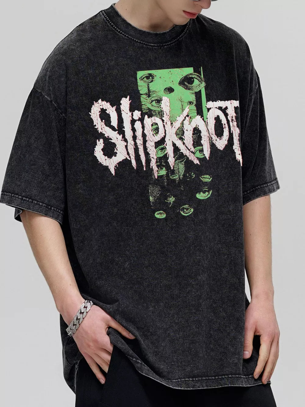 Dark gray oversized cotton crew neck tee with vintage wash and Slipknot graphic.