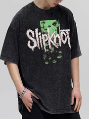 Dark gray oversized cotton crew neck tee with vintage wash and Slipknot graphic.