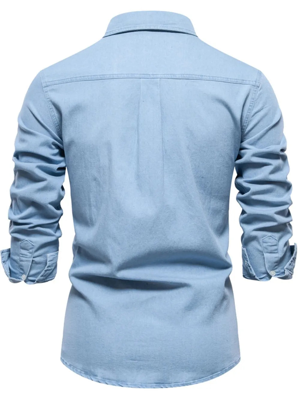 Light blue faded denim utility shirt with button cuffs and a classic collar.