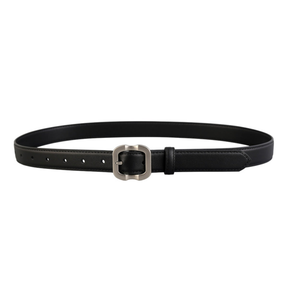 Black cowhide leather belt with matte silver buckle and adjustable holes.