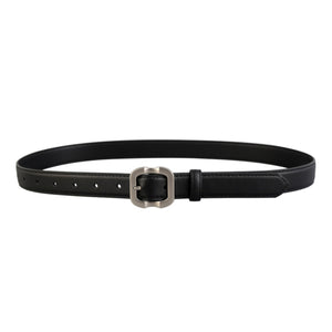Black cowhide leather belt with matte silver buckle and adjustable holes.