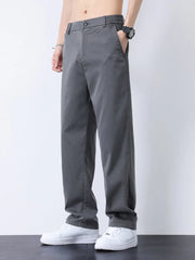 Relaxed fit gray casual pants with a subtle textured pattern and elastic waistband.