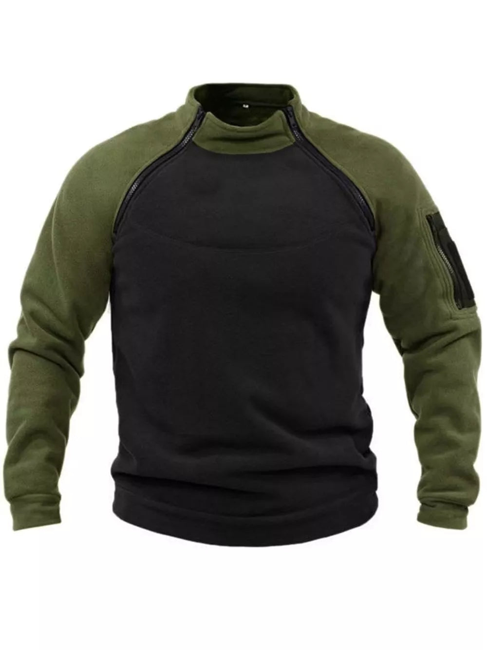 Men's two-tone fleece sweatshirt with zippered pockets and mock neck.