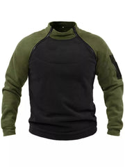 Men's two-tone fleece sweatshirt with zippered pockets and mock neck.