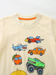 Cream cotton toddler t-shirt with whimsical vehicle print including a shark car, rocket, dog car, and monster truck.