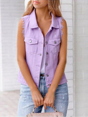 Lavender denim vest with frayed shoulders and distressed details