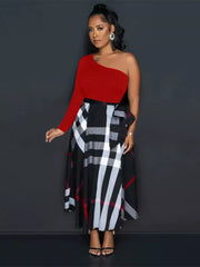 Red one-shoulder midi dress with a plaid skirt and waist tie.