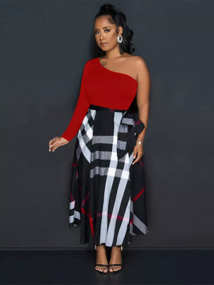 Red one-shoulder midi dress with a plaid skirt and waist tie.
