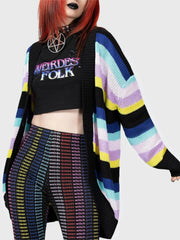 Oversized knit cardigan with rainbow stripes in multicolor, black trim, and long sleeves.