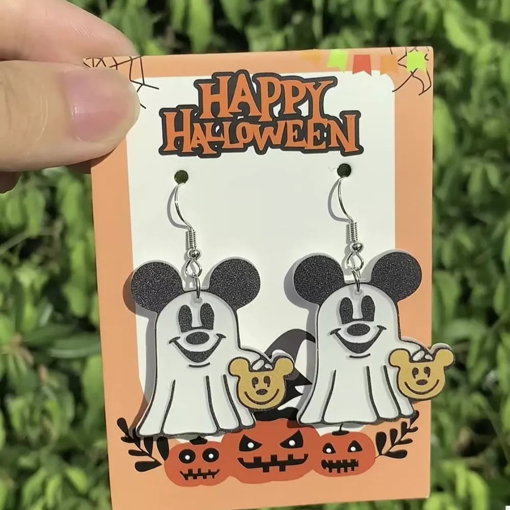 Charming ghost Mickey dangle earrings in black and sherbet, acrylic with alloy hooks.