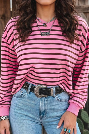Stripe V Neck Drop Shoulder Long Sleeve Shirt, fabric detail