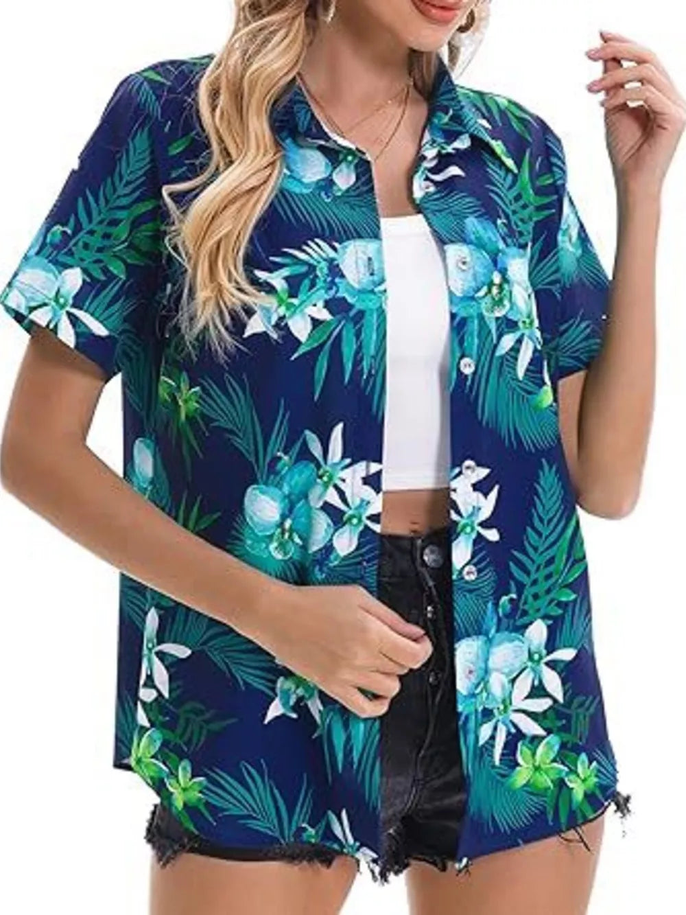 Button-up shirt with hibiscus floral print in blue, green, and white.