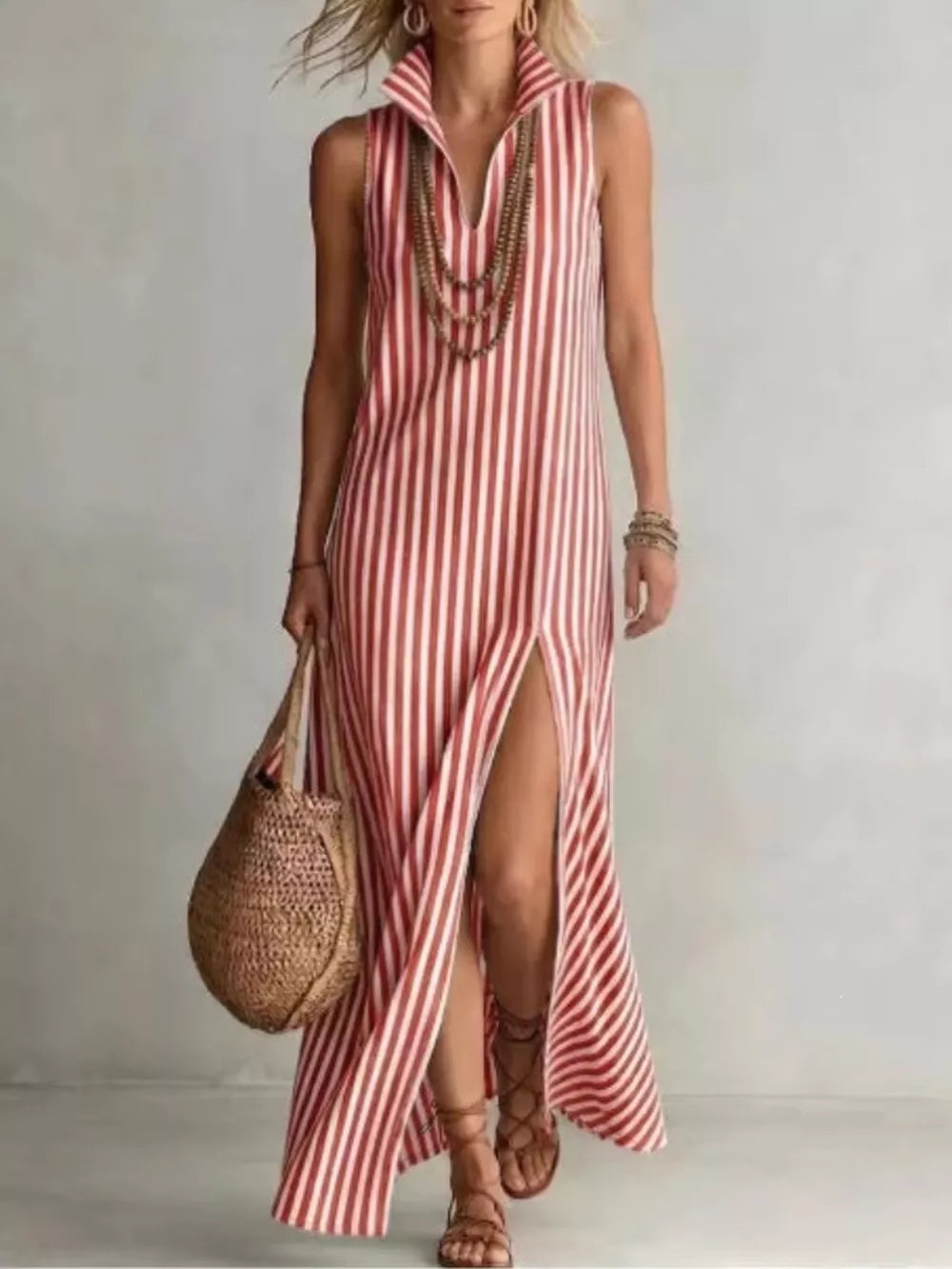 Full Size Striped Maxi Dress With High Slit in Red, fabric detail