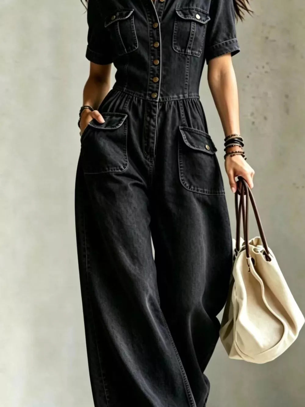 Denim Wide-leg Jumpsuit With Chest Pockets in Black, model styling view