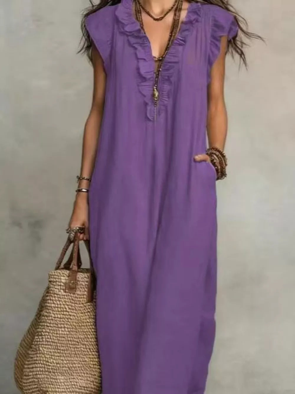 Bohemian Ruffle Neck Maxi Dress Plus Size in Blue, view 11